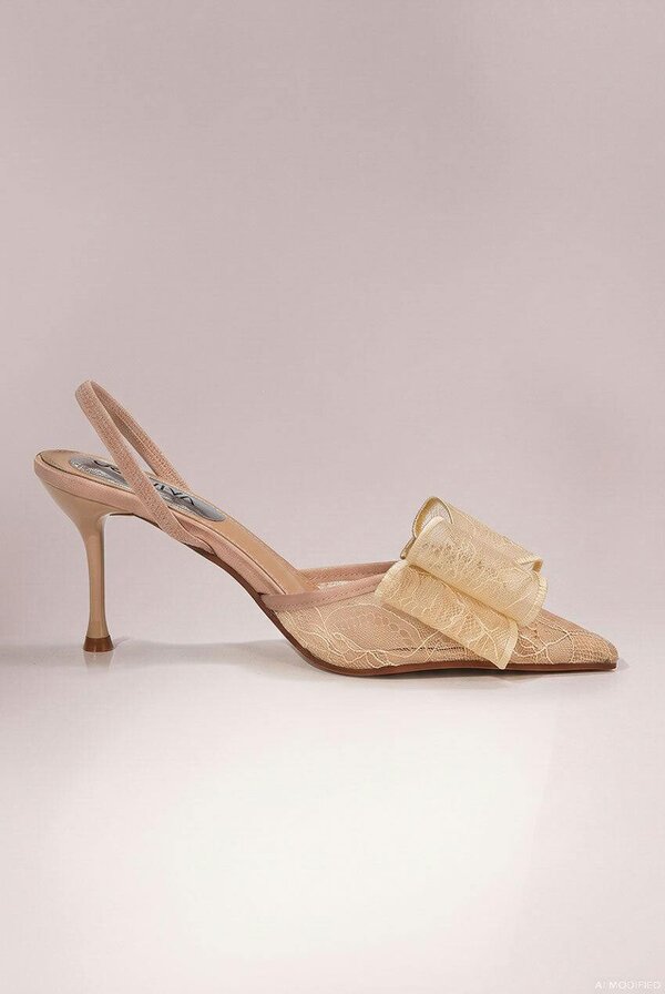 Goddiva Pointed Toe Lace Bow  Stiletto Slingback Heels - Champagne by Goddiva