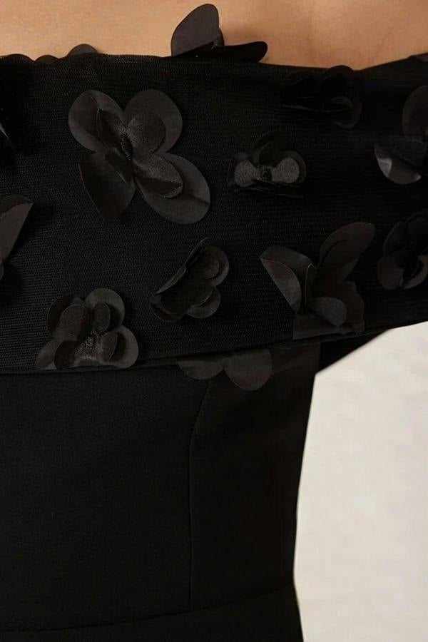 WOVCOR Carmen Collar Woven Long Dress with Floral Applique Detail