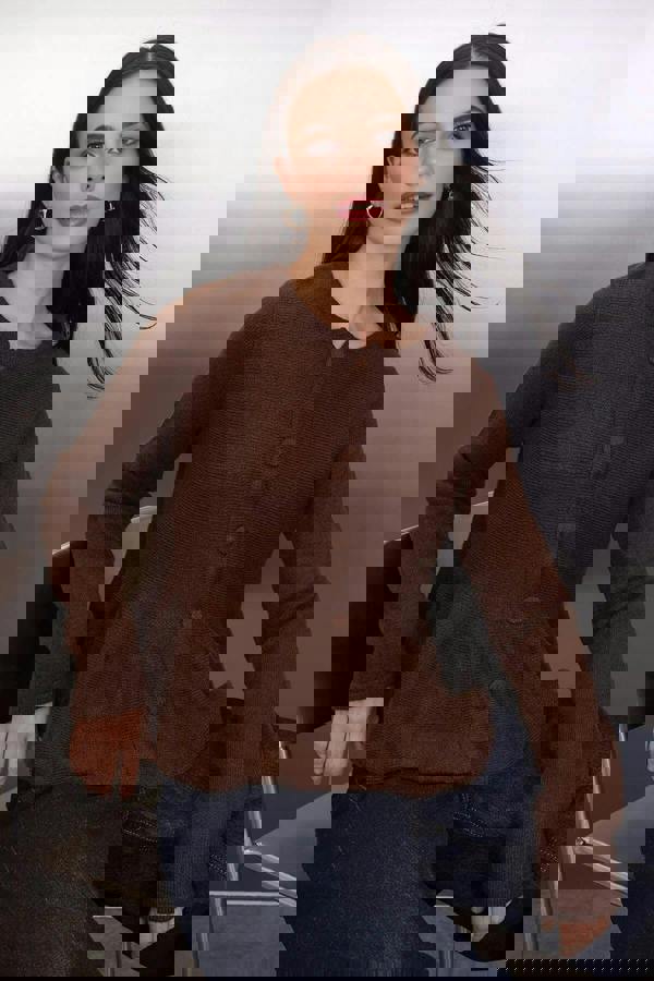 WOVCOR Crew Neck Flounced Hem Knit Cardigan