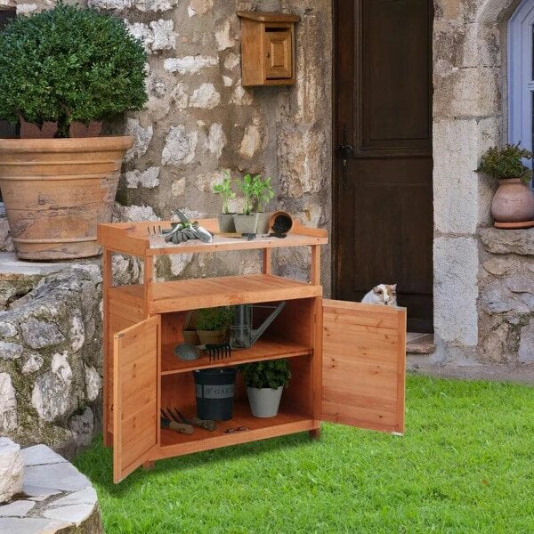 Multi-function Potting Bench Table w/ Storage Cabinet and Galvanized Table Top, Wooden Planting Workstation, 98cm x 47cm x 105cm - Orange