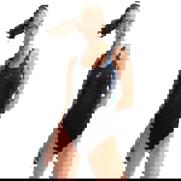 Speedo Hyperboom Splice Muscleback Swimsuit in black blue with geometric pattern