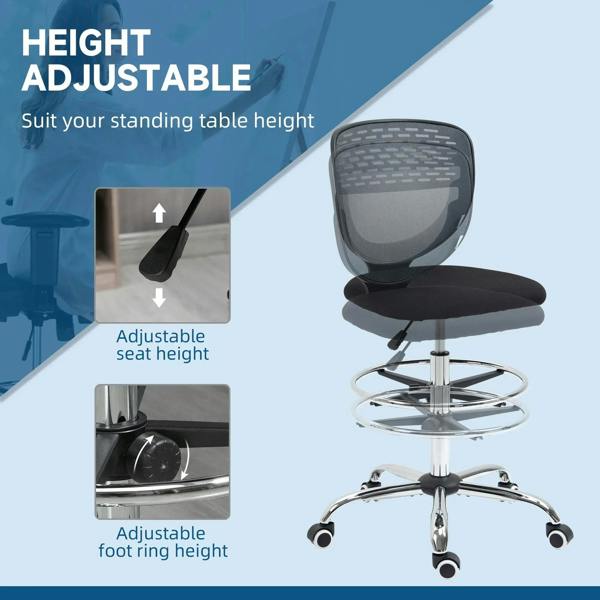 Grey armless swivel drafting chair with mesh back and height-adjustable seat