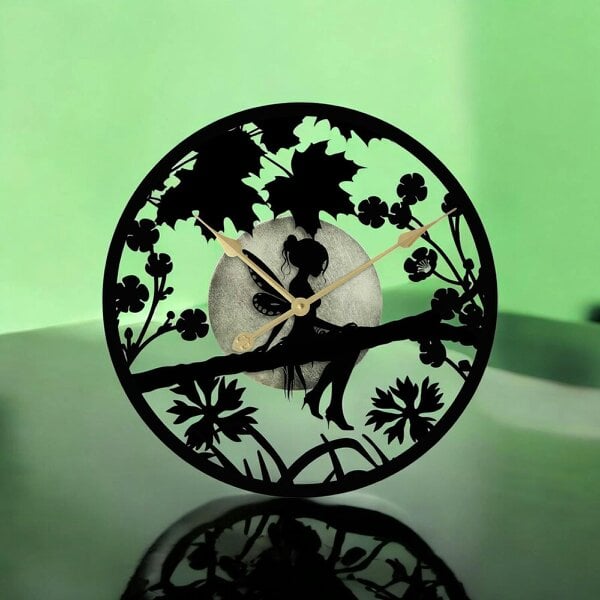 EDH Door Hardware Fairy in Forest Silhouette Wall Clock – Large Metal Decorative Indoor & Outdoor Clock for Garden, Living Room and Patio