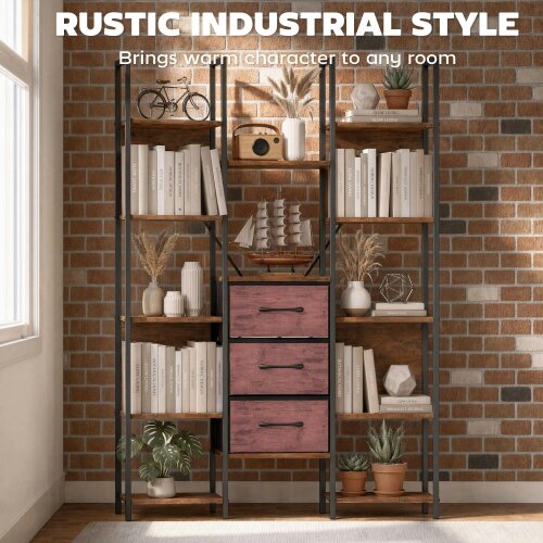 HOMCOM 5-Tier Bookcase with Open Shelves Drawers, Rustic Brown