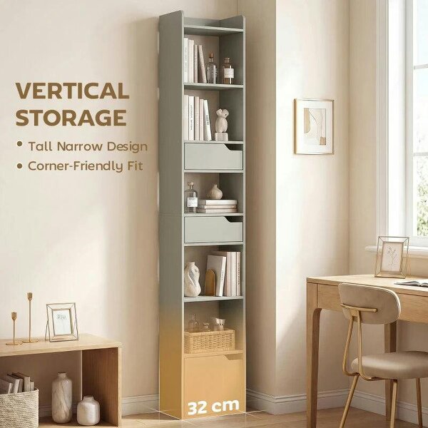 Bookcase Tall Narrow with 5 Tiers and Drawers Freestanding Bookshelf Storage Cabinet for Living Room Grey