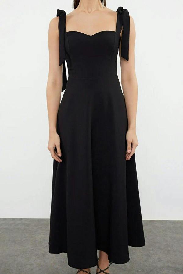 WOVCOR Tie Strap Midi Dress with Sweetheart Neckline
