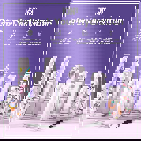 Several water bottles, varying in size and design, are displayed on a purple surface. They feature various colorful patterns. The context promotes ION8 hydration products.