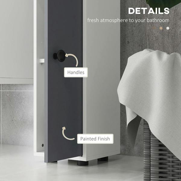 Grey bathroom cabinet detail with black knobs, handle, and painted finish