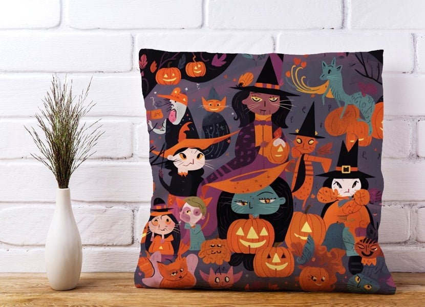 Warren Reed A Vibrant Illustration Of Witches And Pumpkin Cushions