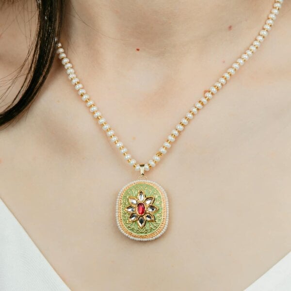 The Colourful Aura Green Pink Floral Indian Meenakari Enamel Stone Pearl Ethnic Pendant Necklace