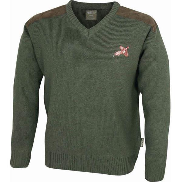 Olive green jack pyke shooters pullover with shoulder detailing with embroidered bird on chest