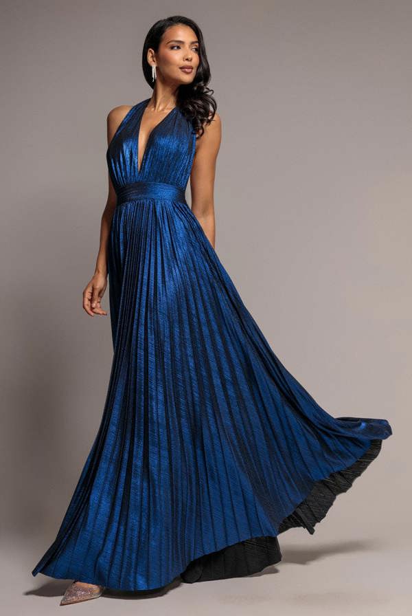 Open Back Sunrise Foil Halterneck A Line Maxi Dress - Navy Blue DR4697