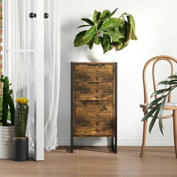 Rustic brown 3-drawer dresser with black frame and dark tabletop.
