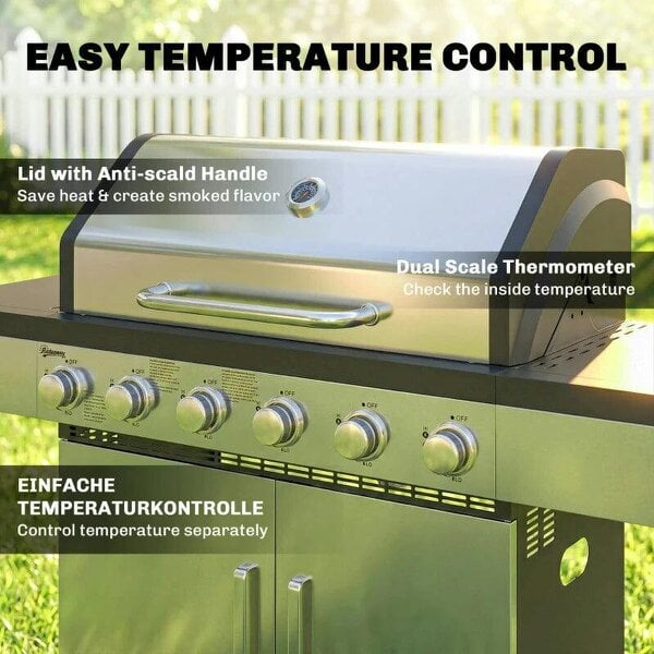 Bobobiy 6 Burner Liquid Propane Gas BBQ Grill, Outdoor Portable Gas Barbecue Grill with Warming Rack, Side Tables, Cabinet