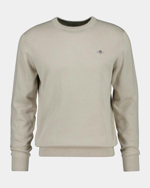 GANT Mens Classic Cotton Shield Logo Crew Neck Jumper - 215 Clay Beige | CHO | Designer Mens Crew Neck Jumpers