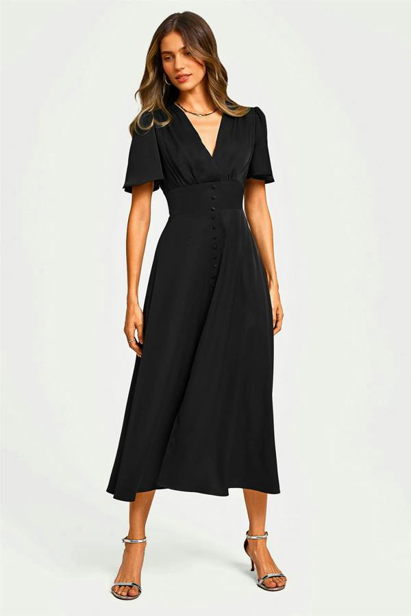 FS Collection Satin V neckline Button Detail Dress In Black