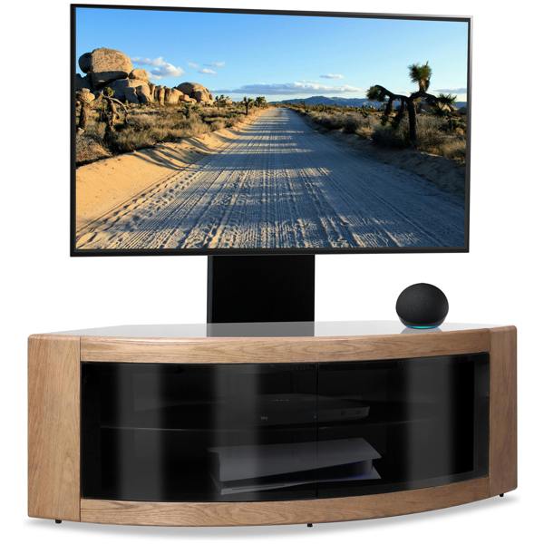 Homeology PANGEA Black/Oak Beam-Thru Curved True-Corner 32"-50" TV Cabinet with Mounting Arm