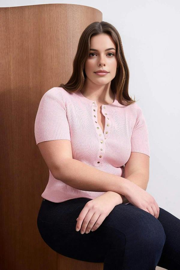 WOVCOR Snap Button Detail Ribbed Summer Knit Blouse