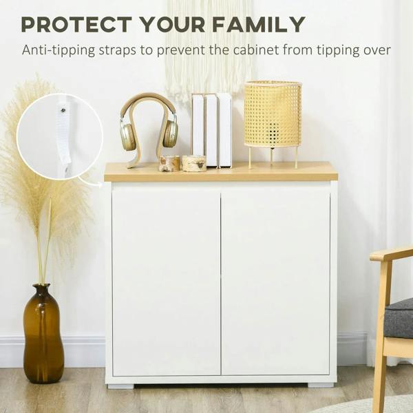 White cabinet with double doors and light wood top, with anti-tipping strap