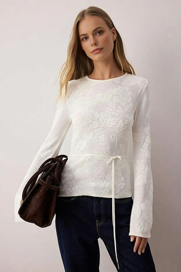 WOVCOR Mercerized Look Rose Pattern Textured Knit Sweater