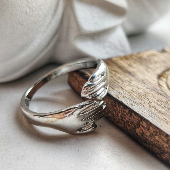 The Colourful Aura Silver Gold Hand Love Hugging Couple Adjustable Stackable Love Ring