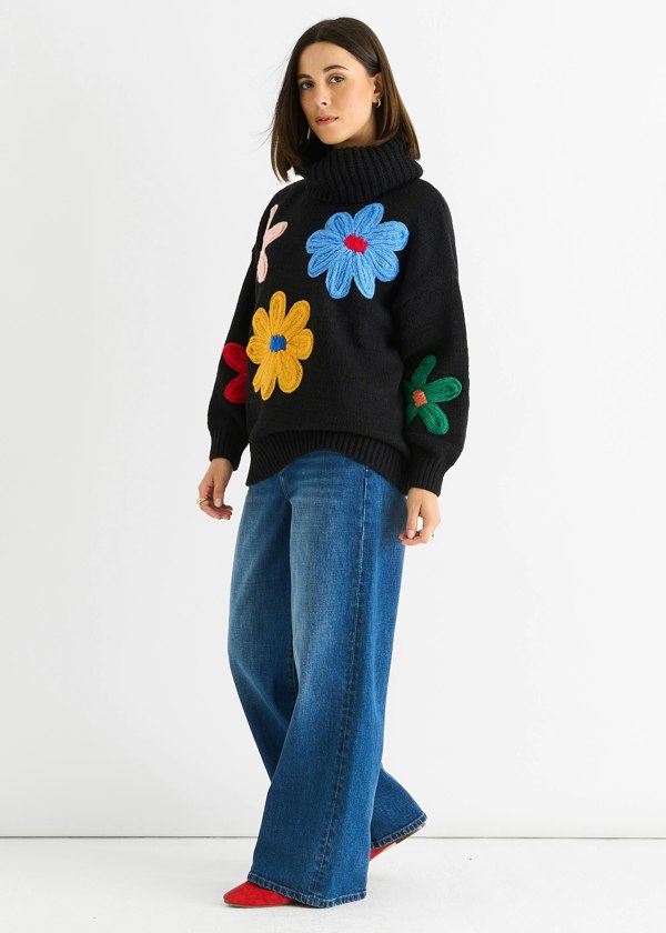 Gini London Black Floral Design High Neck Jumper