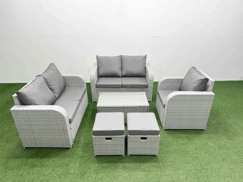 Fimous High Back Poly Rattan Garden Furniture Set - Light Grey Indoor/Outdoor Patio Set with Reclining Chair & Rectangular Coffee Table