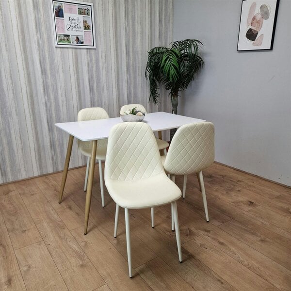 Kosy Koala Wooden Dining Table with 4 Cream Gem Patterned Chairs White Table with Cream Chairs