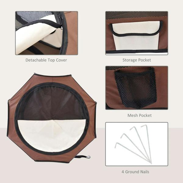 Portable pet playpen detail view: detachable top cover and storage pocket on brown fabric.