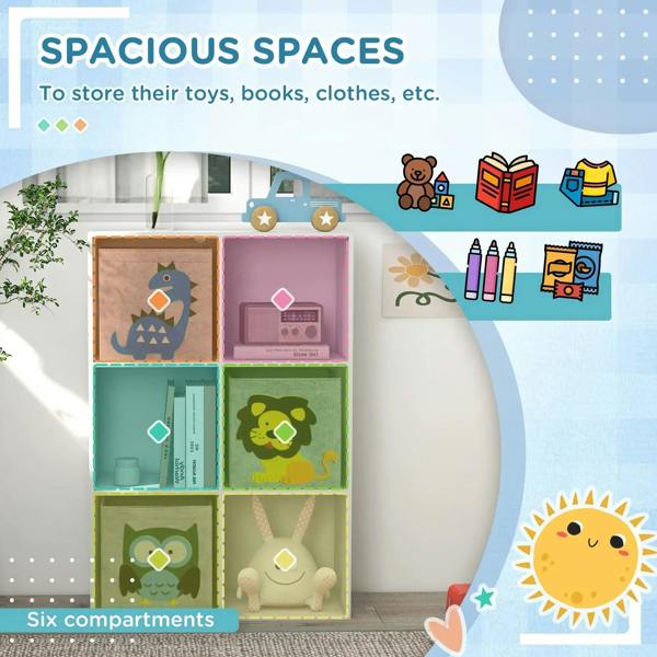 White kids toy storage cabinet with multiple fabric drawer fronts in different animal prints