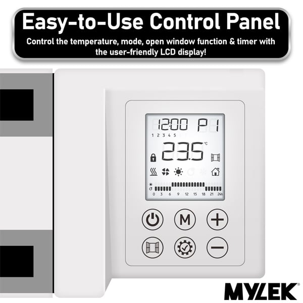 MYLEK Electric Radiator Panel Heater Ceramic White Eco 1000W Bathroom Safe Wall Mounted Or Free Standing With Timer Thermostat