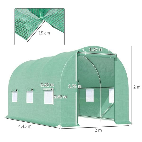 Green walk-in tunnel greenhouse with front door frame and mesh side windows