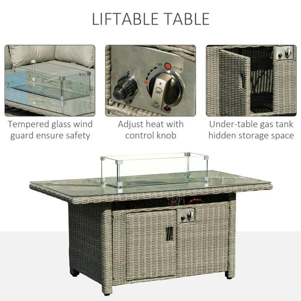 Grey rattan fire pit table with tempered glass top and under-table gas tank storage