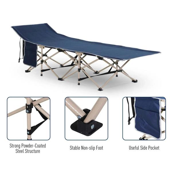 Blue single-person folding camping cot with navy fabric top and attached side pocket
