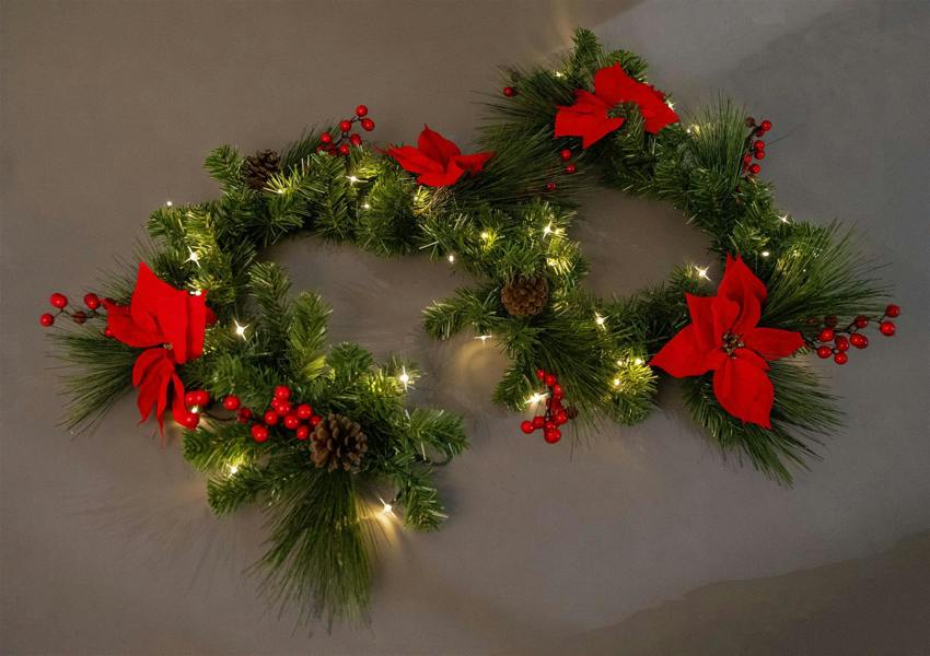 2m Pre Lit Red Poinsettia Garland with 50 Warm White LEDs for Home Display image 5