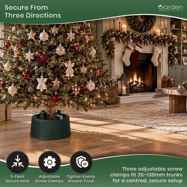 Large Trunk Christmas Tree Stand with Large Water Tank, For Trees up to 2.6m Tall, 3 Screw Clamps for 35–130mm Trunks, 6.2L Capacity, 40cm Diameter
