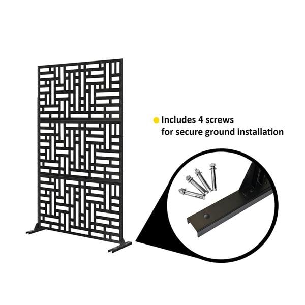 Privacy metal screen with geometric pattern and screws for installation on a white background