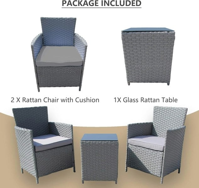 Furniture One Rattan Bistro Garden Furniture 3 Piece Set - PE Rattan Soft Cushion Garden Bistro Set 2 Chairs and Glass Top Table Set - Grey