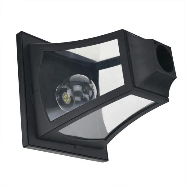 Black solar lantern head close-up showing circular LED light lens