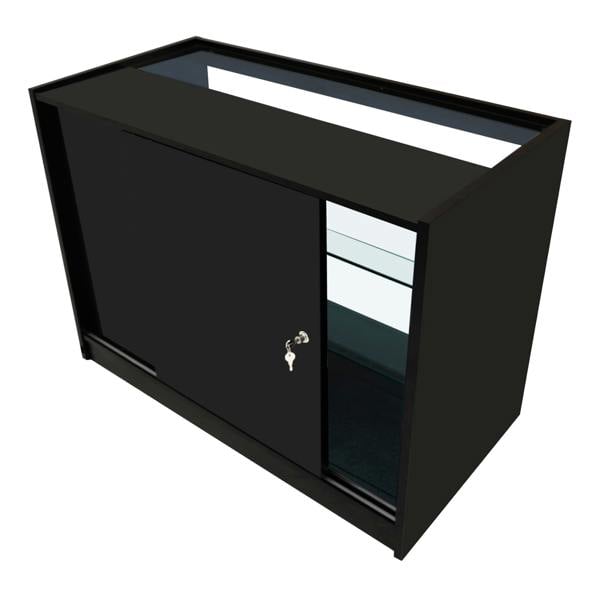 Vega LED Shop Counter Set in sleek black, featuring sliding doors, glass shelves, and a modern design for retail displays