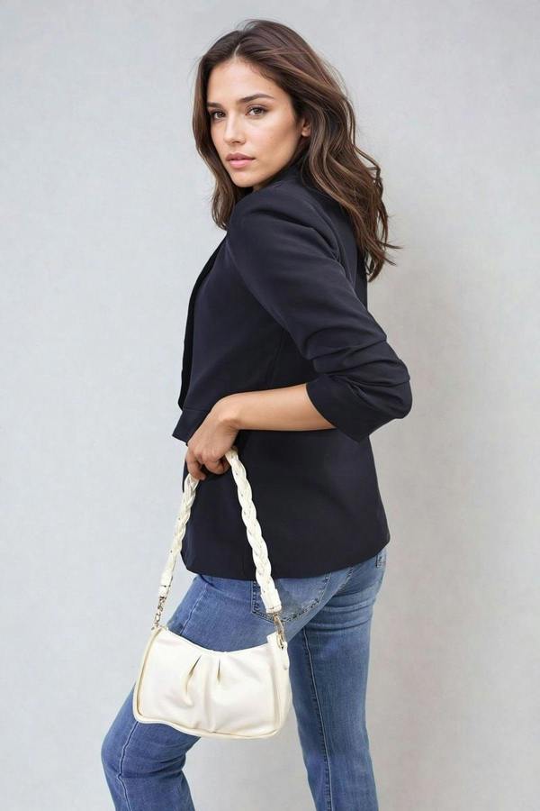 Valerie Ruched Sleeve Open Front Blazer Jacket With Front Pockets - Navy