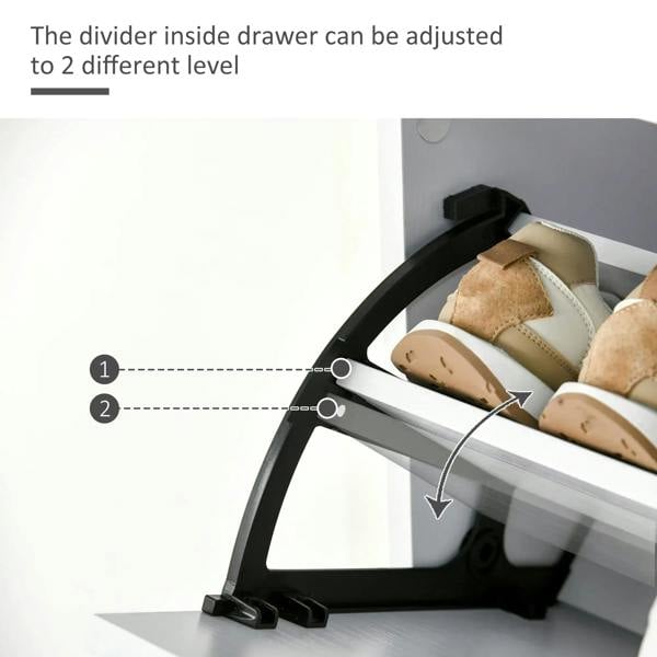 Adjustable divider in a white flip drawer to organize shoes at different levels