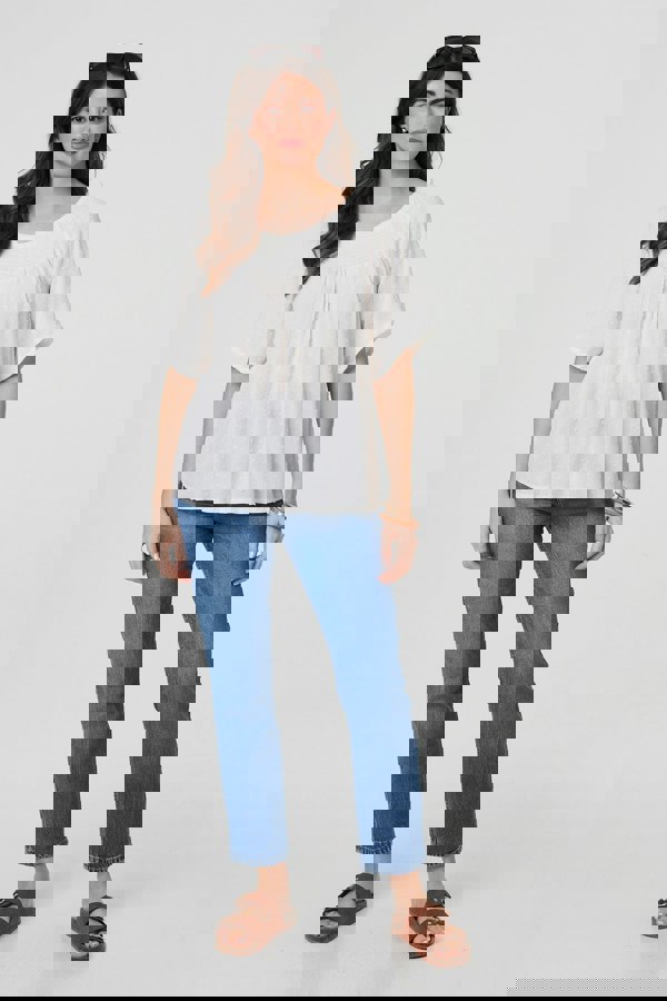 White | Textured Semi Sheer Shirred Bardot Top
