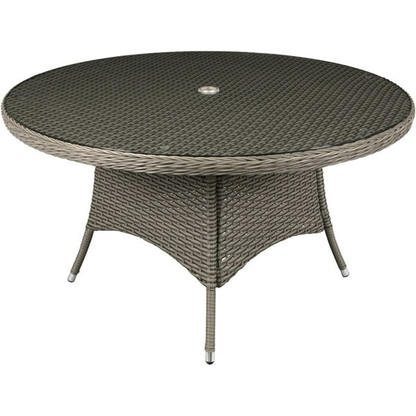 135cm Round 6 Seater Garden Dining Table - Rattan Wicker Brown & Glass Outdoor