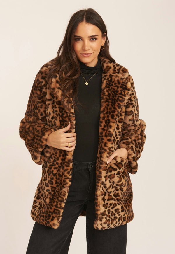 Gini London Brown Leopard Print Faux Fur Coat Jacket