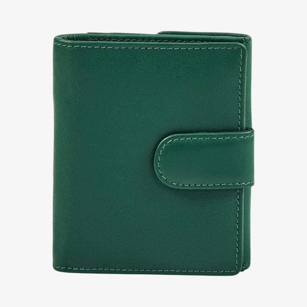 Green ladies leather trifold wallet with buttoned coin pocket