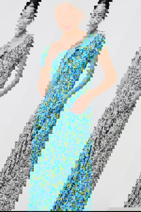 Blue | Ditsy Floral Bardot Smock Midi Dress
