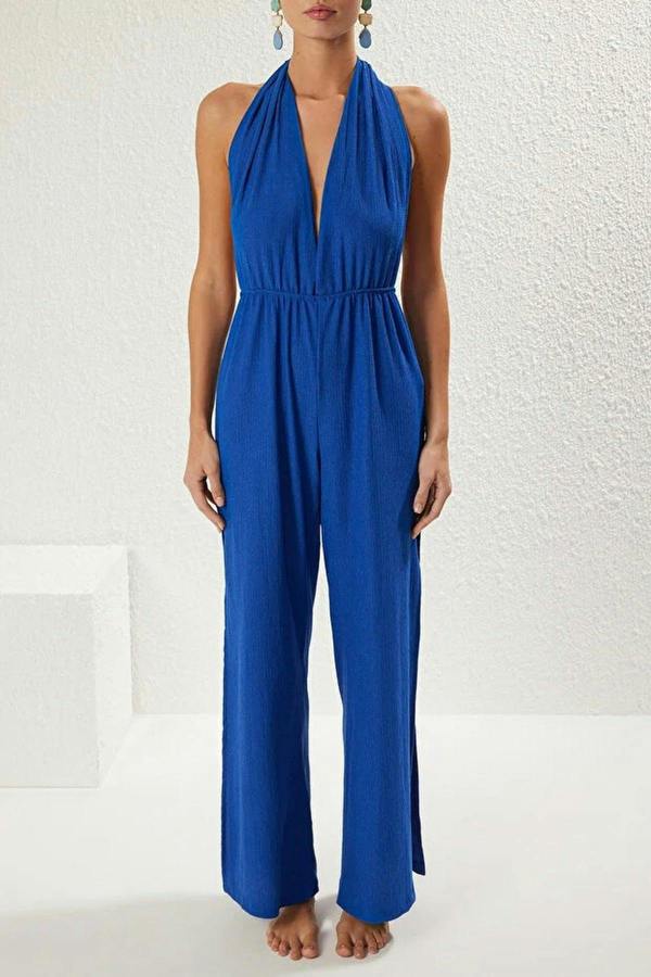 WOVCOR Woven Slit Maxi Beach Jumpsuit
