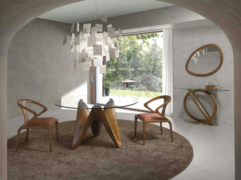 Angel Cerdá Round tempered glass and walnut dining table 1126