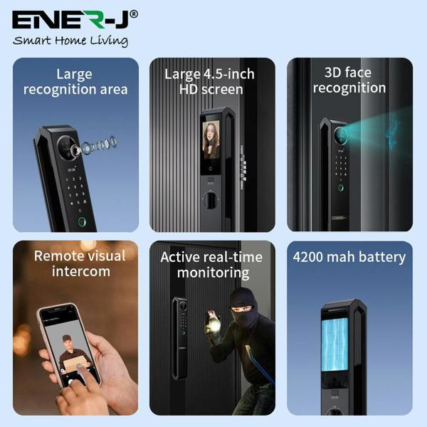 ENER-J Smart Doorlock With Peephole Camera, Works with fingerprint, Passcodes, APP control, RFID Cards & Mechanical Keys, Black housing, IP65